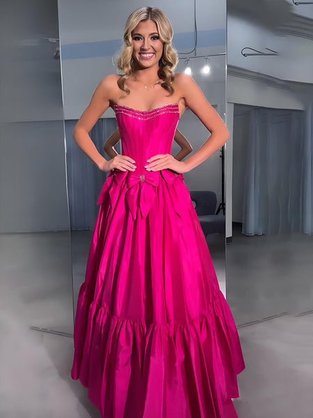 Cute Ball Gown Scoop Neck Taffeta Pink Long Prom Dresses with Bow