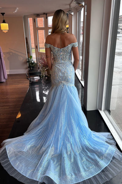 Gorgeous Mermaid Off the Shoulder Light Blue Satin Prom Dress with Sequins Appliques AB24120203