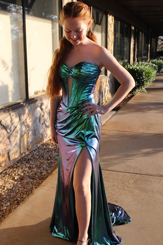 Cute Mermaid Sweetheart Green Metallic Satin Slit Prom Dresses AB24120608