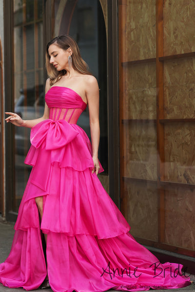 Gorgeous Ball Gown Strapless Fuchsia Organza Tiered Prom Dress with Bow AB24121208