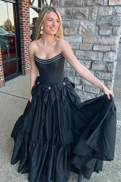 Ball Gown Scoop Neck Black Satin Long Prom Dresses with Beading AB24101407