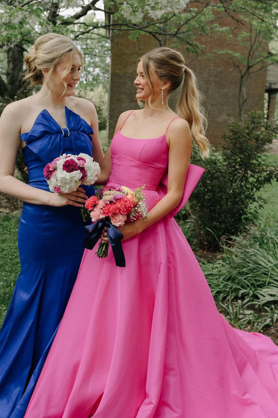 Princess A-Line Scoop Neck Fuchsia Satin Long Prom Dress with Bow AB4052104