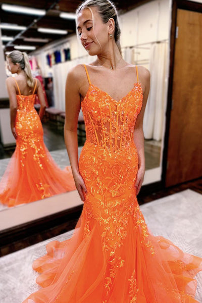 Cute Mermaid V Neck Orange Sequins Tulle Long Prom Dresses