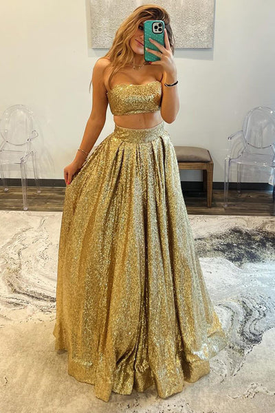 Two Piece Strapless Gold Sequins Long Prom Dress AB4040304