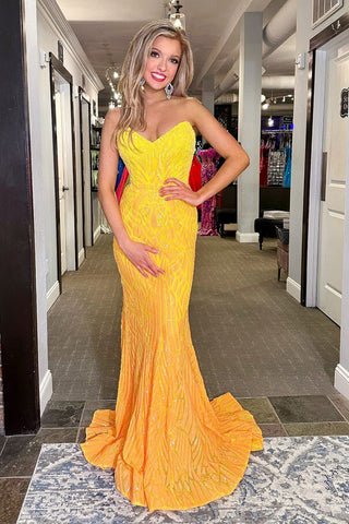 Mermaid Strapless Yellow Sequins Mermaid Long Prom Dress AB4040301