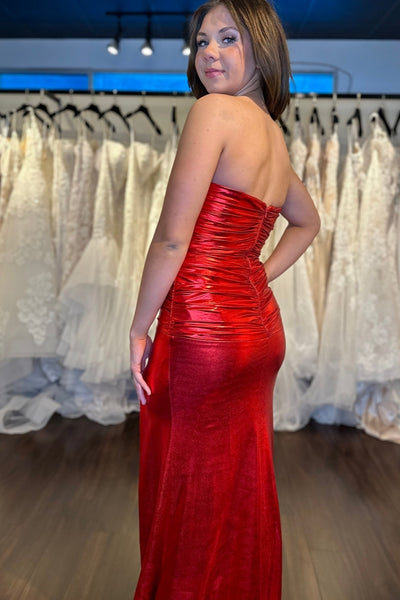 Cute Mermaid Strapless Red Metallic Satin Long Prom Dresses with Slit AB24120910