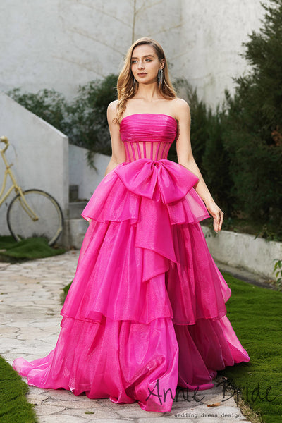 Gorgeous Ball Gown Strapless Fuchsia Organza Tiered Prom Dress with Bow AB24121208