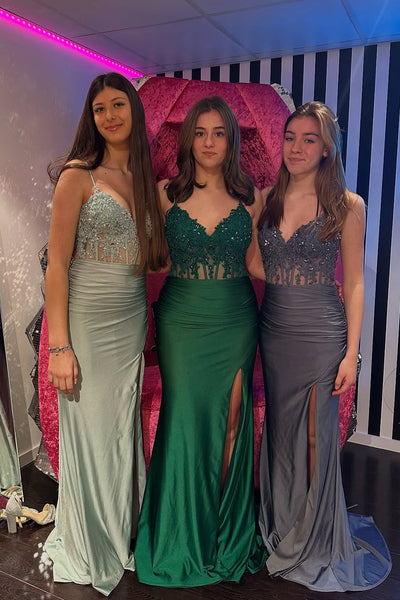 Charming Mermaid V Nekc Dark Green Elastic Satin Long Prom Dress with Appliques AB24123006