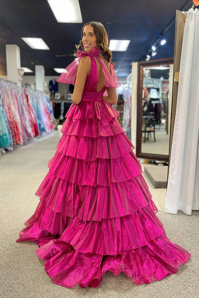 Cute Ball Gown V Neck Fuchsia Organza Tiered Prom Dress with Slit AB24121903