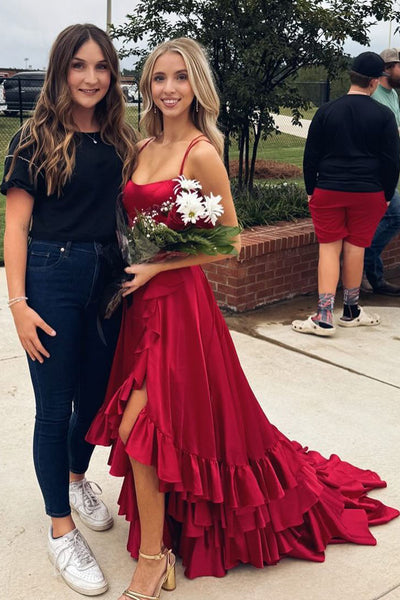 Charming A Line Scoop Neck Red Satin Prom Dresses with Slit AB24091808