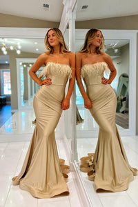 Charming Mermaid Strapless Champagne Elastic Satin Long Prom Dresses with Feather AB112205