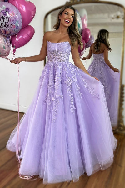 Cute Ball Gown Lavender Tulle Long Prom Dresses AB24102509