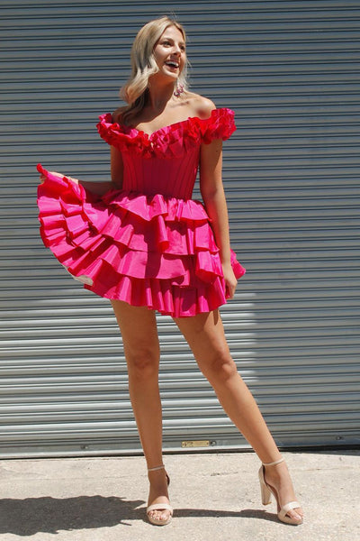 Fuchsia Off the Shoulder Ruffle Tiered A-Line Homecoming Dresses AB4060202