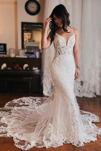 Elegant Mermaid V Neck Lace Wedding Dresses AB24062805