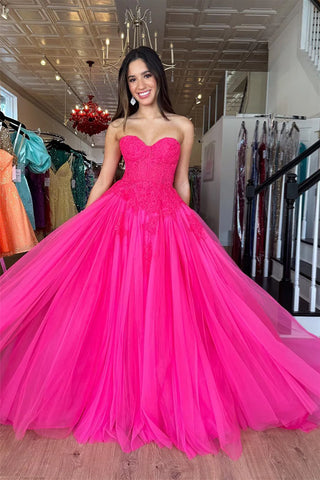 A Line Sweetheart Pink Tulle Prom Dresses with Appliques AB24122618