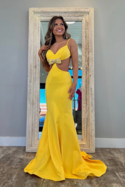 Cute Mermaid V Neck Yellow Elastic Satin Prom Dress with Bow AB25030202