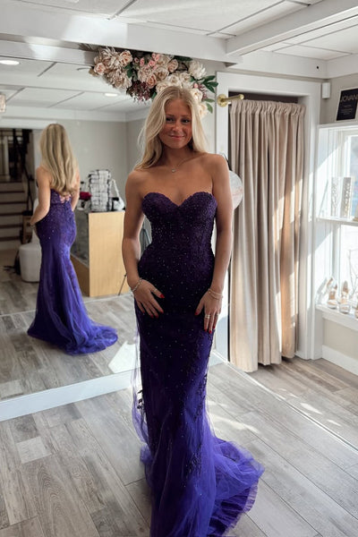 Charming Mermaid Sweetheart Purple Lace Long Prom Dress with Beading AB25020602