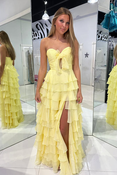 Elegant A Line Sweetheart Keyhole Yellow Chiffon Tiered Prom Dress AB25010303