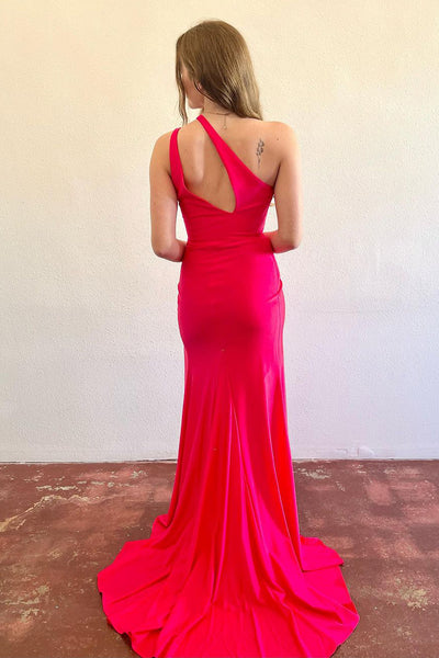 Charming Mermaid One Shoulder Red Elastic Satin Slit Long Prom Dresses AB121105