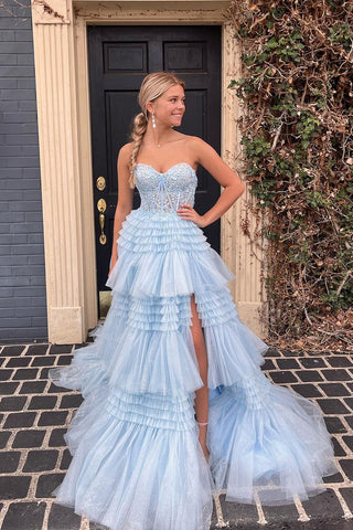 Cute A-Line Strapless Blue Ruffle Tiered Tulle Long Prom Dress AB4051905