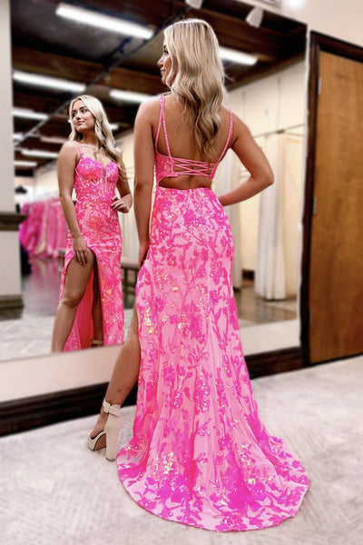 Cute Mermaid V Neck Pink Sequins Long Prom Dress with Slit AB24110812