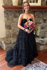 Black Strapless Ruffle Tiered Tulle Long Prom Dress AB4051604