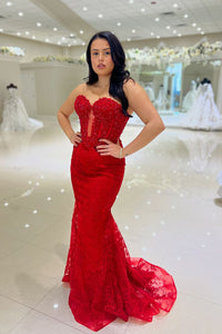 Charming Mermaid Sweetheart Red Lace Long Prom Dresses AB24102609