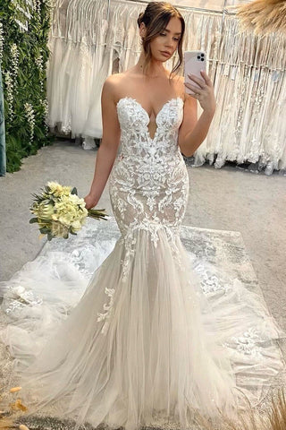 Elegant Mermaid Sweetheart Tulle Wedding Dresses with Appliques AB24070206