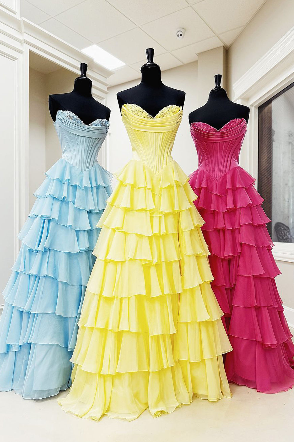 Cute A Line Sweetheart Chiffon Tiered Long Prom Gowns AB24110710