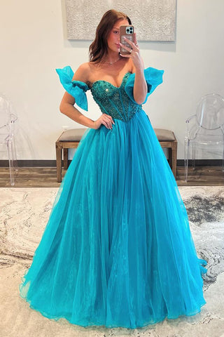 Strapless Blue Beaded Long Prom Dress with Sleeves AB4041701