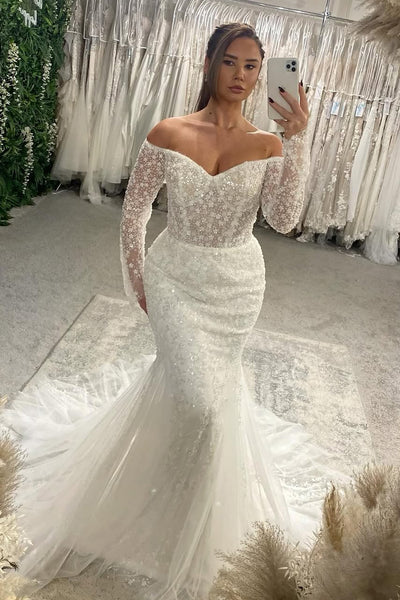 Gorgeous Mermaid Off the Shoulder Glitter Sequins Lace Bridal Dresses with Sleeves