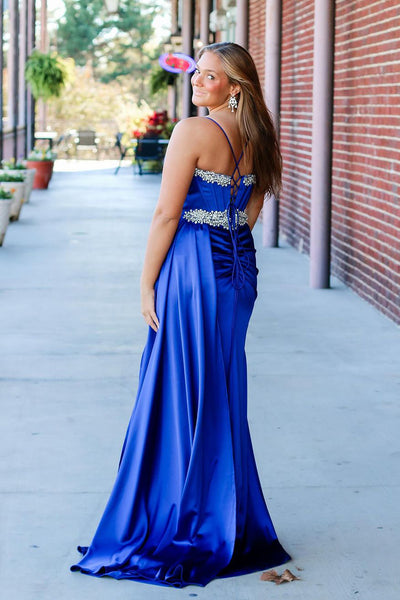 Cute Mermaid V Neck Royal Blue Satin Long Prom Dresses with Beading