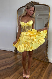 Spaghetti Straps Daffodil Satin Short Homecoming Dresses with 3D Flowers AB4053101