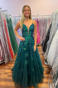 A-Line V Neck Green Sequins Tulle Long Prom Dresses AB4030604