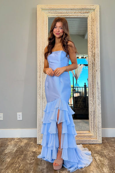 Fairy Cute Sheath Strapless Light Blue Tiered Prom Dresses with Slit AB24102601