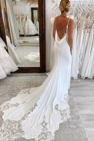 Charming Mermaid V Neck Elastic Satin Long Beach Wedding Dresses with Appliques AB24102004