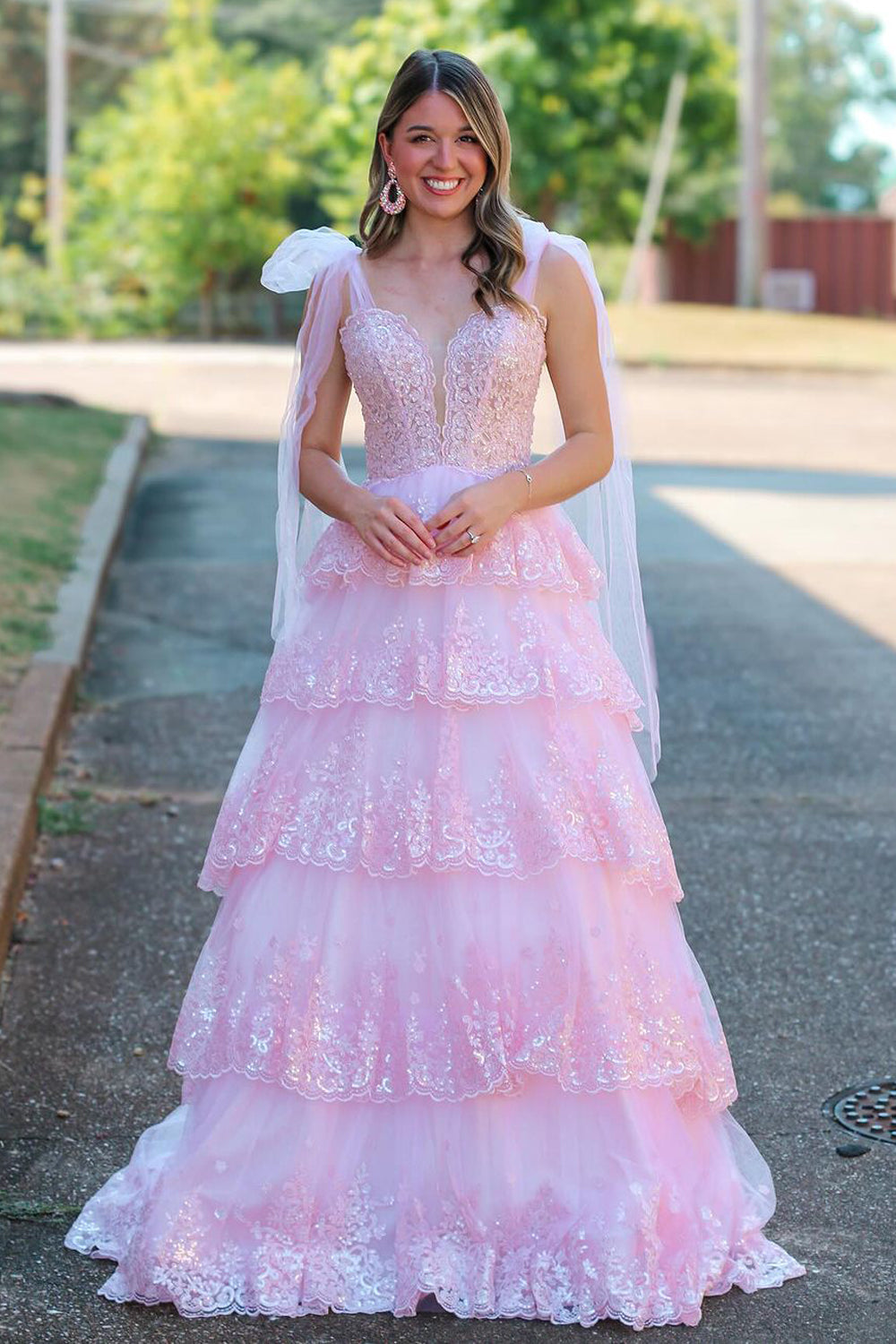 Fairy A Line V Neck Pink Tulle Long Prom Dresses with Appliques AB24101306