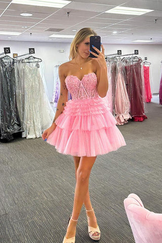 Cute A Line Sweetheart Tulle Pink Short Homecoming Dresses with Appliques AB062903