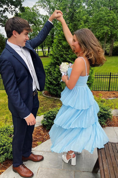 Cute A Line Sweetheart Light Blue Pleat Chiffon Long Prom Dress with Pearls Beading AB24122608