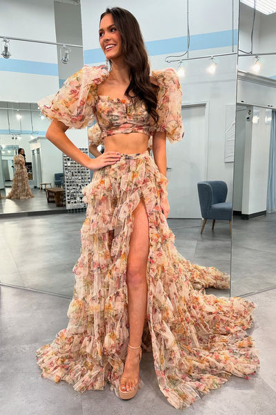 Elegant Two Piece Ruffle Tiered Floral Printed Long Prom Dress AB4053004