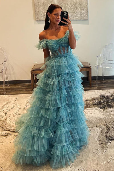 Gorgeous A Line Off the Shoulder Ruffle Tiered Tulle Prom Dress with Slit AB4032505