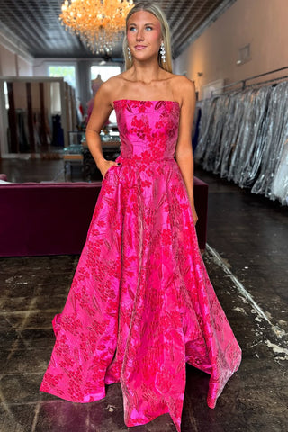 Cute A Line Strapless Fuchsia Jacquard Satin Long Prom Dress with Pockets AB24122007