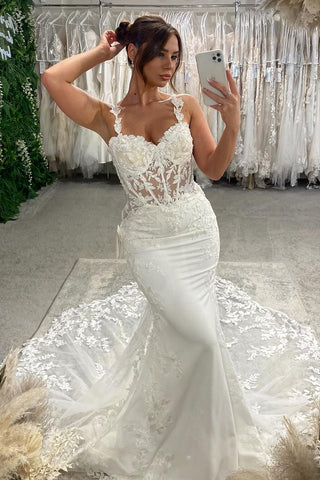 Romantic Mermaid V Neck Lace Wedding Dresses with Appliques Beach Bride Dresses AB4091307