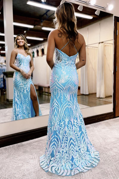 Mermaid V Neck Light Blue Sequins Lace Long Prom Dresses with Slit AB4031202