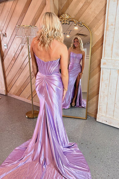 Sparkly Lilac Strapless Satin Long Prom Dresses with Beading