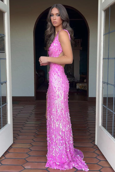 Charming Mermaid V Neck Pink Sequins Prom Dresses with Beading AB24102803