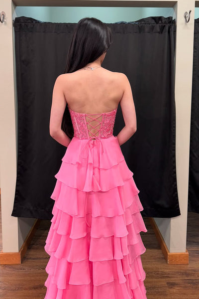 A Line Sweetheart Pink Chiffon Tiered Prom Dress AB25020505