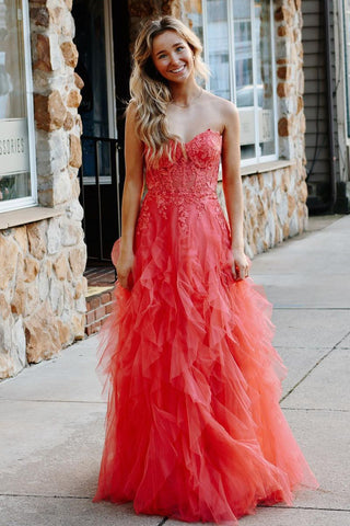 Cute A-Line Strapless Coral Ruffle Tulle Long Prom Dress with Appliques AB4041703