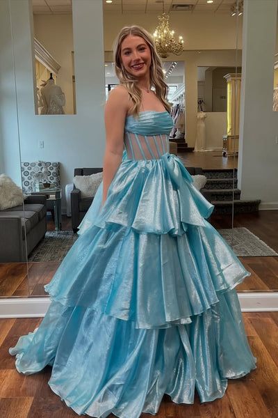 Cute Ball Gown Strapless Light Blue Organza Prom Dress with Bow AB24120315