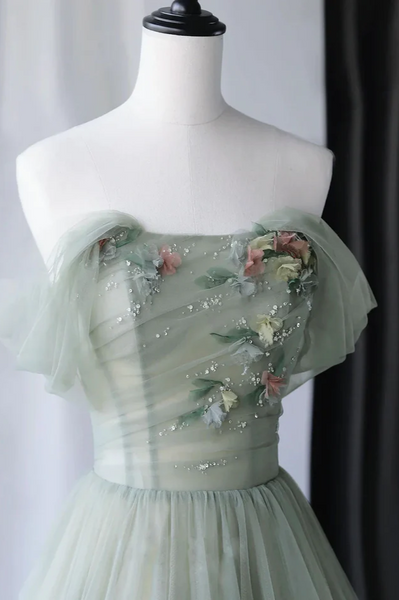 Princess A Line Off the Shoulder Embroidering Tulle Sage Ball Gown Prom